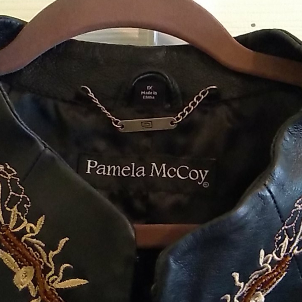 Pamela McCoy Black Leather Jacket with Brown Floral Embroidery - Picture 2 of 4